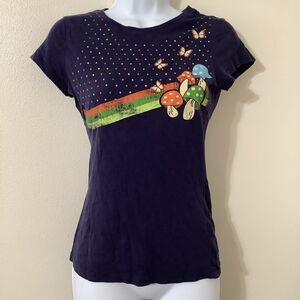 Vintage Y2K 2000s Mushroom Butterfly Retro Rainbow Hippie Graphic Baby Tee M